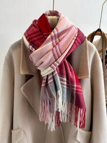 1 pieza Elegante bufanda/echarpe de mujer a cuadros multicolor con flecos de imitación de cachemira, Chal/pashmina de cachemira, Bufanda de cuello unisex estilo grueso y casual para el invierno, Chal envolvente para mujer, Suave y cómoda, Para uso diario y salidas, así como regalos navideños para miembros de la familia