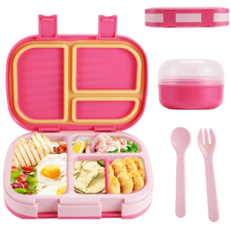 便当盒食物容器，带 4 个隔层、酱料容器和餐具，适用于微波炉/洗碗机、厨房、圣诞礼物