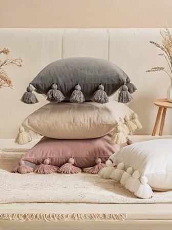 1个柔软丝绒纯色抱枕套，可爱波西米亚风装饰方形抱枕套，适用于沙发、卧室、汽车、客厅家居装饰，不含枕芯。节日礼物，18 x 18 英寸。