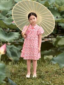 MARC&JANIE 少女新中式花卉印花立領泡泡袖長衫裙，檢查扣子，夏季 - 粉色 - 查看 4