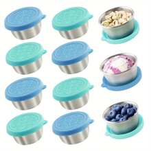 Juego de 2/4/6/8 envases para ensalada para llevar, tazas para salsa de acero inoxidable 304 de 1.6 oz con tapa de silicona a prueba de fugas, recipientes reutilizables para condimentos, pequeños recipientes para salsa adecuados para lonchera/trabajo/escuela/picnic/viaje, accesorios de bento, cocina, regalo de Navidad, útiles escolares - verde menta y azul - Ver 10