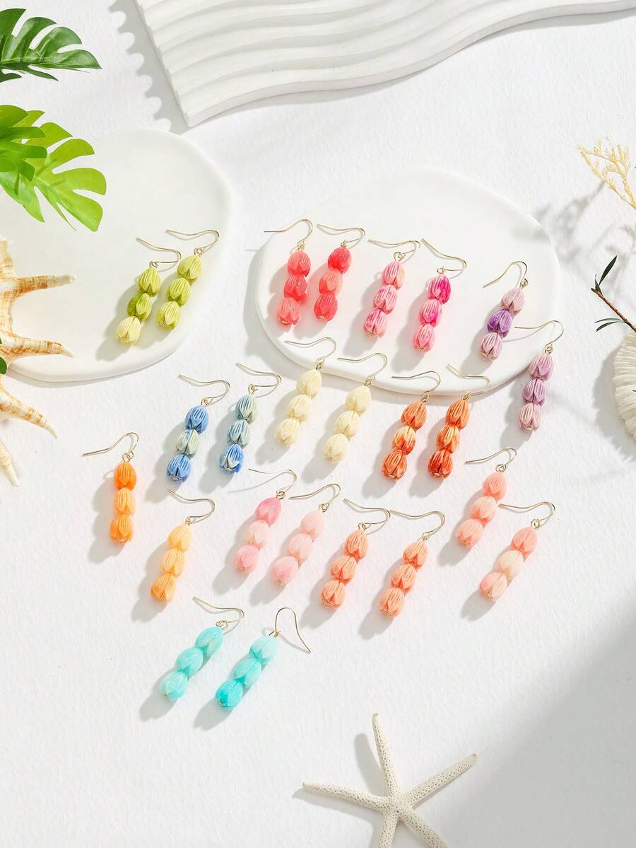 1pair Resin Frangipani Flower Drop Earrings, Hawaii Ocean Style, Vacation Accessory - Multicolor - View 1