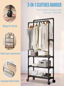 Clothes Rack, Double Bar Clothes Rack, Metal Clothes Organizer And Strong Clothes Rack With A Partition, Clothes Rack For Balcony, Bedroom And Laundry Room, 3 Tier - Black - View 7