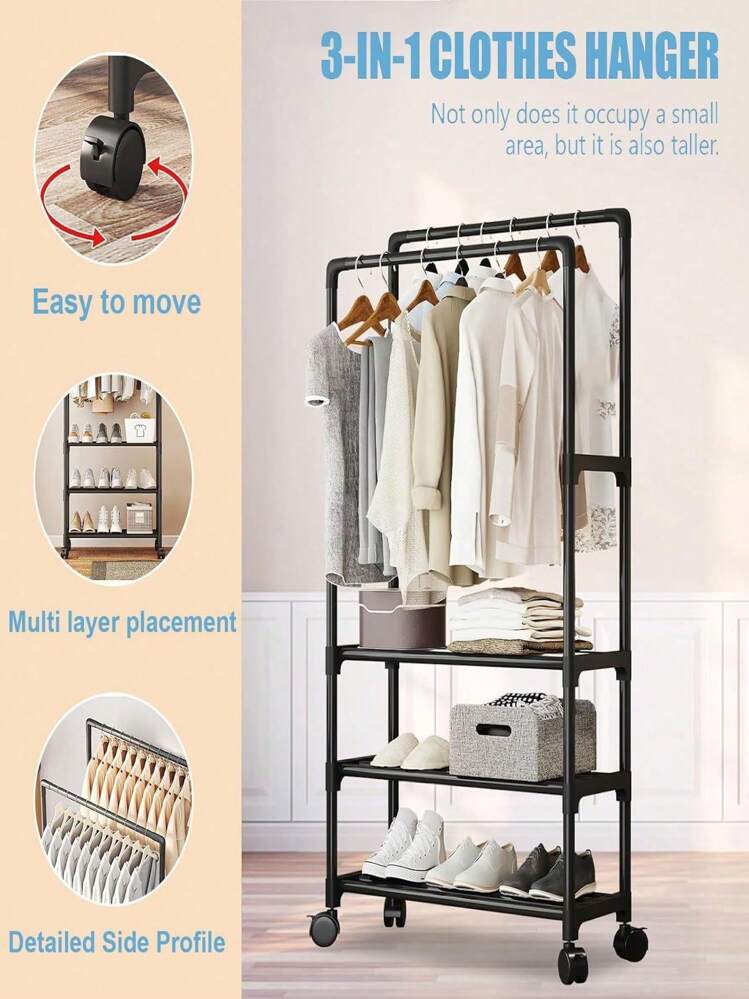 Perchero para Ropa,Perchero de Doble Barra,Organizador de metal para ropa y un perchero fuerte con una partición,Estante de Ropa para Balcón, Dormitorio y Lavandería,3 Nivel - Negro - Añade 7