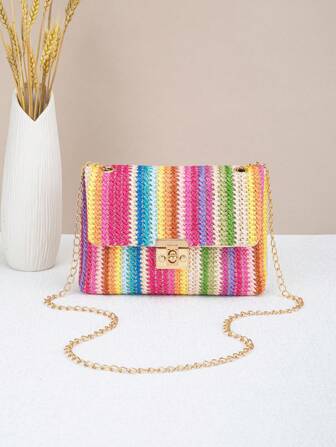 Woven Colorful Shoulder Chain Bag Ladies' Small Square Bag, Spring/Summer Casual Beach Bag, High Capacity Women's Bag