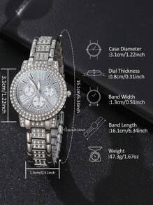 2 件女士银色不锈钢表带时尚休闲经典复古三眼刻度水钻表盘女士石英表心形手链套装适合日常佩戴装饰作为节日礼物送给朋友和母亲情人节 - 銀色 - 查看 6