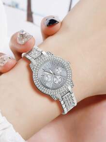 2 件女士银色不锈钢表带时尚休闲经典复古三眼刻度水钻表盘女士石英表心形手链套装适合日常佩戴装饰作为节日礼物送给朋友和母亲情人节 - 銀色 - 查看 5