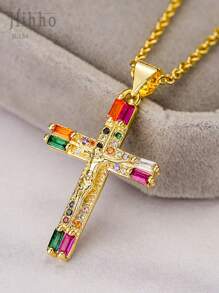 Hihho 1 pièce Collier pendentif croix élégant à la mode avec incrustation de zirconium coloré de style européen et américain, collier ras-de-cou en acier inoxydable, cadeau de festival (couleurs de zirconium disposées de manière aléatoire)
