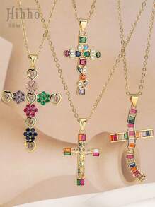 Hihho 1 pièce Collier pendentif croix élégant à la mode avec incrustation de zirconium coloré de style européen et américain, collier ras-de-cou en acier inoxydable, cadeau de festival (couleurs de zirconium disposées de manière aléatoire)