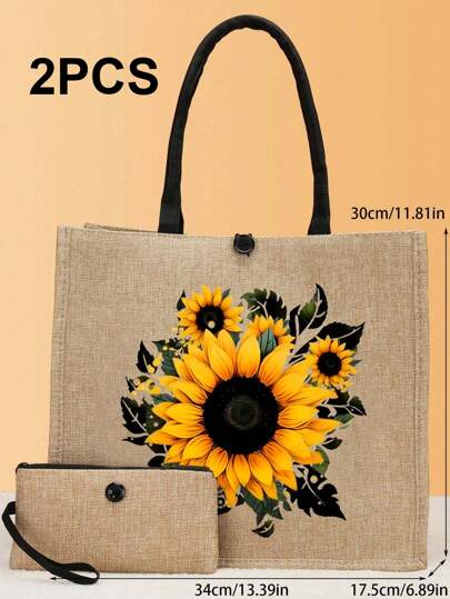 2 件/套简约向日葵印花亚麻手提包，简约旅行包，化妆钱包，大容量旅行化妆包，多功能便携手提包，感谢老师亚麻包，送给女性的礼物，便携式休闲收纳包，多功能购物袋，全新设计，非常适合旅行、拍照、沙滩包、购物，适合女性、情侣、日常使用、约会、生日、节日、返校、度假、海滩、旅行、通勤、商务、学生、野餐、露营、超市。，教师节永远最好的教师礼物，海滩必需品，夏季女士包，非常适合旅行、度假和海滩