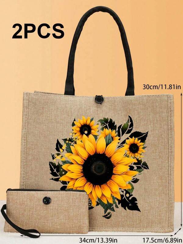 2 件/套简约向日葵印花亚麻手提包，简约旅行包，化妆钱包，大容量旅行化妆包，多功能便携手提包，感谢老师亚麻包，送给女性的礼物，便携式休闲收纳包，多功能购物袋，全新设计，非常适合旅行、拍照、沙滩包、购物，适合女性、情侣、日常使用、约会、生日、节日、返校、度假、海滩、旅行、通勤、商务、学生、野餐、露营、超市。，教师节永远最好的教师礼物，海滩必需品，夏季女士包，非常适合旅行、度假和海滩