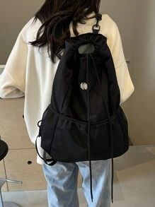 1Pc New Women's Backpack,Drawstring Backpack Fashion School Gym Drawstring Camping Bag, Casual String Knapsack School Backpack, Schoolbag For Travel, College Backpack - Black - View 2