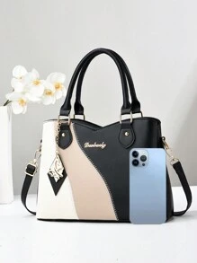 New Vintage Color Block Fashion Women's Tote Bag, Casual Multilayered Large Capacity, Can Be Shoulder Bag, Crossbody Bag Or Handbag, Comes With A Pendant Bag, Suitable For Travel, Shopping And Daily Use