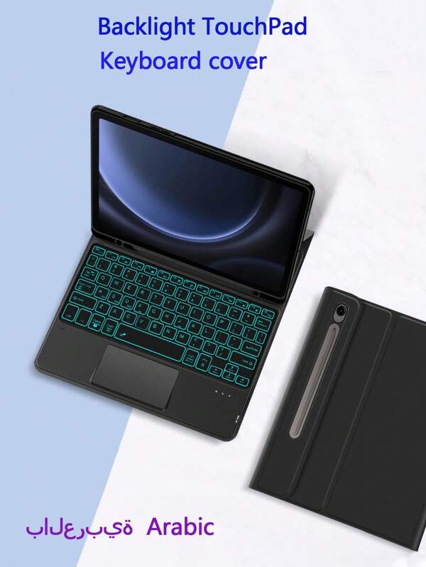 Funda con teclado retroiluminado en árabe compatible con Galaxy Tab S9 FE 10.9, S7, S8, S9, A9 Plus, A9+, 11 pulgadas, S6 Lite 10.4, A8 10.5, S9, S8, S7 FE Plus, S7+, S8+, S9+, S7FE, S9FE+ de 12.4 pulgadas, con teclado retroiluminado, panel táctil y soporte para lápiz.