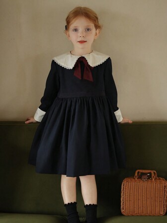 Young Girl Vintage Contrast Ruffle Collar Bowknot Princess Dress, Autumn Winter