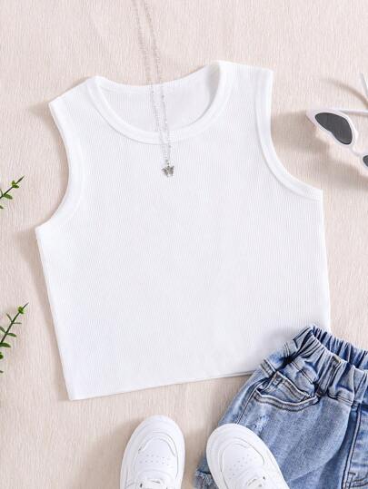 1 pezzo Canotta a girocollo lavorata a costine in maglia bianca tinta unita adatta alle pre-adolescenti