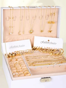 58pcs Women's Personalized Jewelry Set, Including Earrings Set, Stackable Rings, Multi-Layer Necklaces, Bracelet Set, Fashionable & Elegant Style, Inlaid With Rhinestone, Suitable For Daily Wear, Party, Gifts (No Box) - Gold - View 5