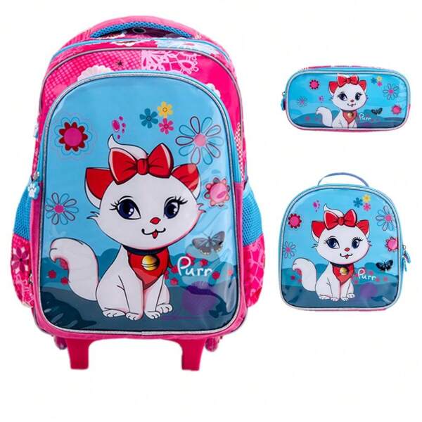 Mochila de Rodinha Infantil Menina Kit Escolar Mochila Lancheira Térmica Estojo Impermeável