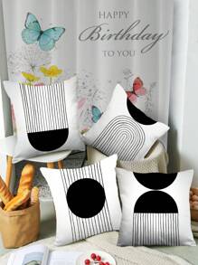 4pcs/Set Black And White Geometric Patterned Polyester Short Plush Cushion Cover And Pillowcase For Sofa - Multicolor - View 2