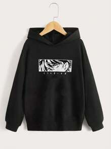 Niños Capucha con estampado de letra japonesa y figura - Negro - Ver 1