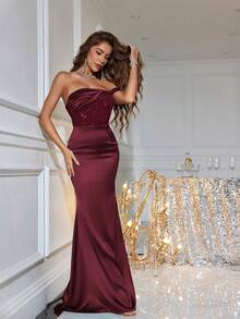 Đầm dự tiệc đuôi cá hở vai lấp lánh cho nữ, Đầm dự tiệc cưới, Đầm trang trọng, Đầm dạ hội, Váy - Màu Đỏ Sâu - Xem 5
