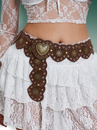 Hershine 1pc Vintage Boho Chic Style Heart Patchwork Rivet Embellished Dress Belt, Suitable For Women's Daily & Party Wear Halloween Valentine's Day Valentines Summer, School Fall, Autumn, Halloween