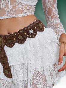 Hershine 1 件复古波西米亚风格心形拼布铆钉装饰连衣裙腰带，适合女士日常和派对穿着万圣节情人节情人节夏季、学校秋季、秋季、万圣节 - 棕色 - 查看 6