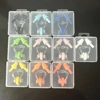 2pcs Universal Nose Clip & Earplugs Set In Box, Waterproof Swimming Nose Clip, Soft Silicone Earplugs, Surfing Diving Swimming Pool Accessories, Beach Essentials, Beach Accessories, Pool Float