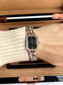Pablo Raez 1pc Ladies Watch Gold Watch Women's Elegant Stainless Steel Bracelet Watch, Silver Stainless Steel & Rhinestone Decor Rectangular Case, Black Minimalist Dial, Jewelry Clasp, Waterproof, Full Automatic Quartz Electronic Wristwatch, Suitable For Daily Life, Work, Parties, And Decoration - Silver - View 10