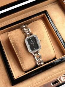 Pablo Raez 1pc Ladies Watch Gold Watch Women's Elegant Stainless Steel Bracelet Watch, Silver Stainless Steel & Rhinestone Decor Rectangular Case, Black Minimalist Dial, Jewelry Clasp, Waterproof, Full Automatic Quartz Electronic Wristwatch, Suitable For Daily Life, Work, Parties, And Decoration - Silver - View 8