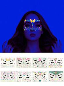 1套-夜光紋身貼紙，夜光防水臉貼紙，霓虹UV反應身體貼紙，假臉部臨時紋身彩妝UV霓虹花卉身體彩繪紋身貼紙，節日酒吧派對裝飾用品（8件裝） - 彩色 - 查看 2