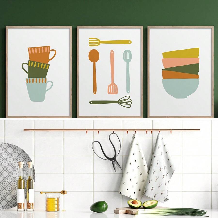 Set Of 3 Kitchen Art Prints, Cooking Utensils Print, Boho Kitchen Wall Decor, Minimal Kitchen, Dining Room Print, Kitchen Artwork Poster - Multicolor - View 1