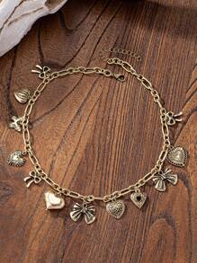 1 Pc Retro Vintage Heart Bow Butterfly Multiple Charms Necklace For Women