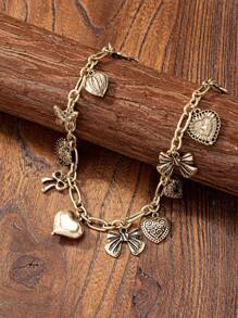 1 Pc Retro Vintage Heart Bow Butterfly Multiple Charms Necklace For Women