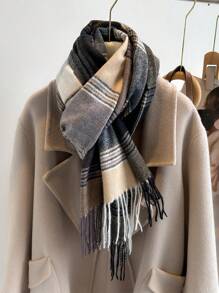 1 pieza Elegante bufanda/echarpe de mujer a cuadros multicolor con flecos de imitación de cachemira, Chal/pashmina de cachemira, Bufanda de cuello unisex estilo grueso y casual para el invierno, Chal envolvente para mujer, Suave y cómoda, Para uso diario y salidas, así como regalos navideños para miembros de la familia