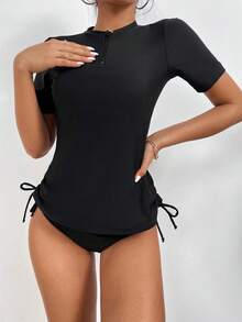 Swim Conjunto mono tankini, camisa de baño de manga corta con lazo lateral con cremallera en el frente y traje de baño de 2 piezas de bikini