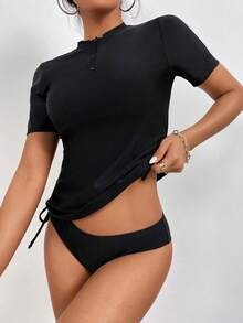 Swim Conjunto mono tankini, camisa de baño de manga corta con lazo lateral con cremallera en el frente y traje de baño de 2 piezas de bikini