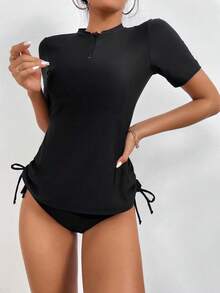 Swim Conjunto mono tankini, camisa de baño de manga corta con lazo lateral con cremallera en el frente y traje de baño de 2 piezas de bikini