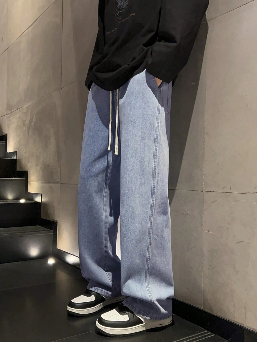 Fashionable Men Straight Leg Drawstring Waist Jeans - Baby Blue - View 1