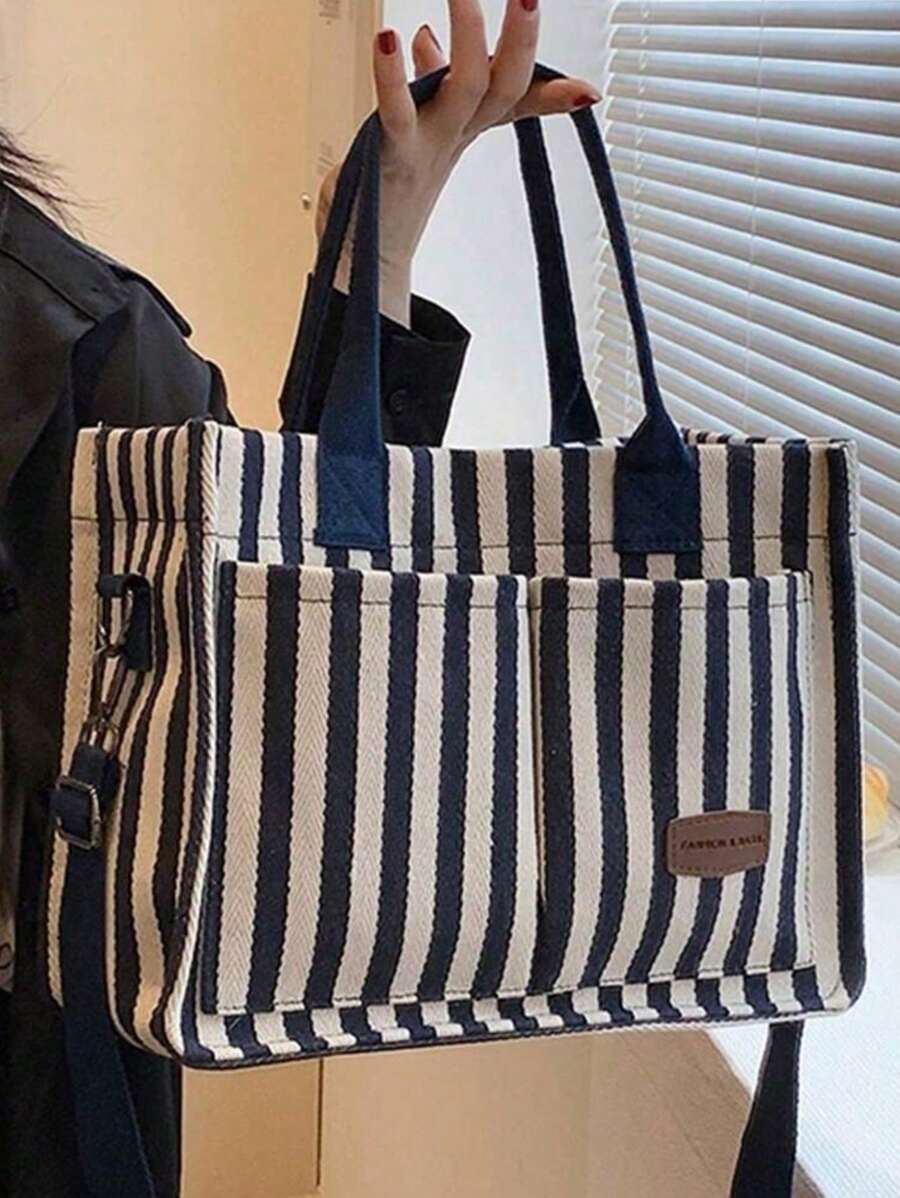 百搭竖条纹流浪汉单肩包女士钱包和手提包，大容量多口袋帆布单肩通勤包手提包，轻便休闲手提单肩斜挎包，学生学校笔记本电脑包简约运动背包，带多隔层和多口袋，学校手提包 - 彩色 - 查看 1