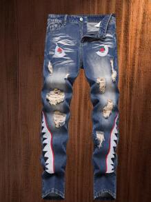 Teen Boy Fit Straight Jeans With Shark Embroidery And Distressed Details - Blue - View 1