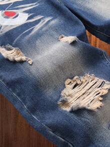 Teen Boy Fit Straight Jeans With Shark Embroidery And Distressed Details - Blue - View 5