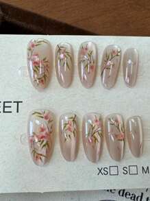10 件手工粉色猫眼假指甲，花朵和叶子美甲设计，甜杏仁形状按压式指甲美甲用品 - 彩色 - 查看 1