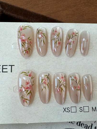 10 件手工粉色猫眼假指甲，花朵和叶子美甲设计，甜杏仁形状按压式指甲美甲用品