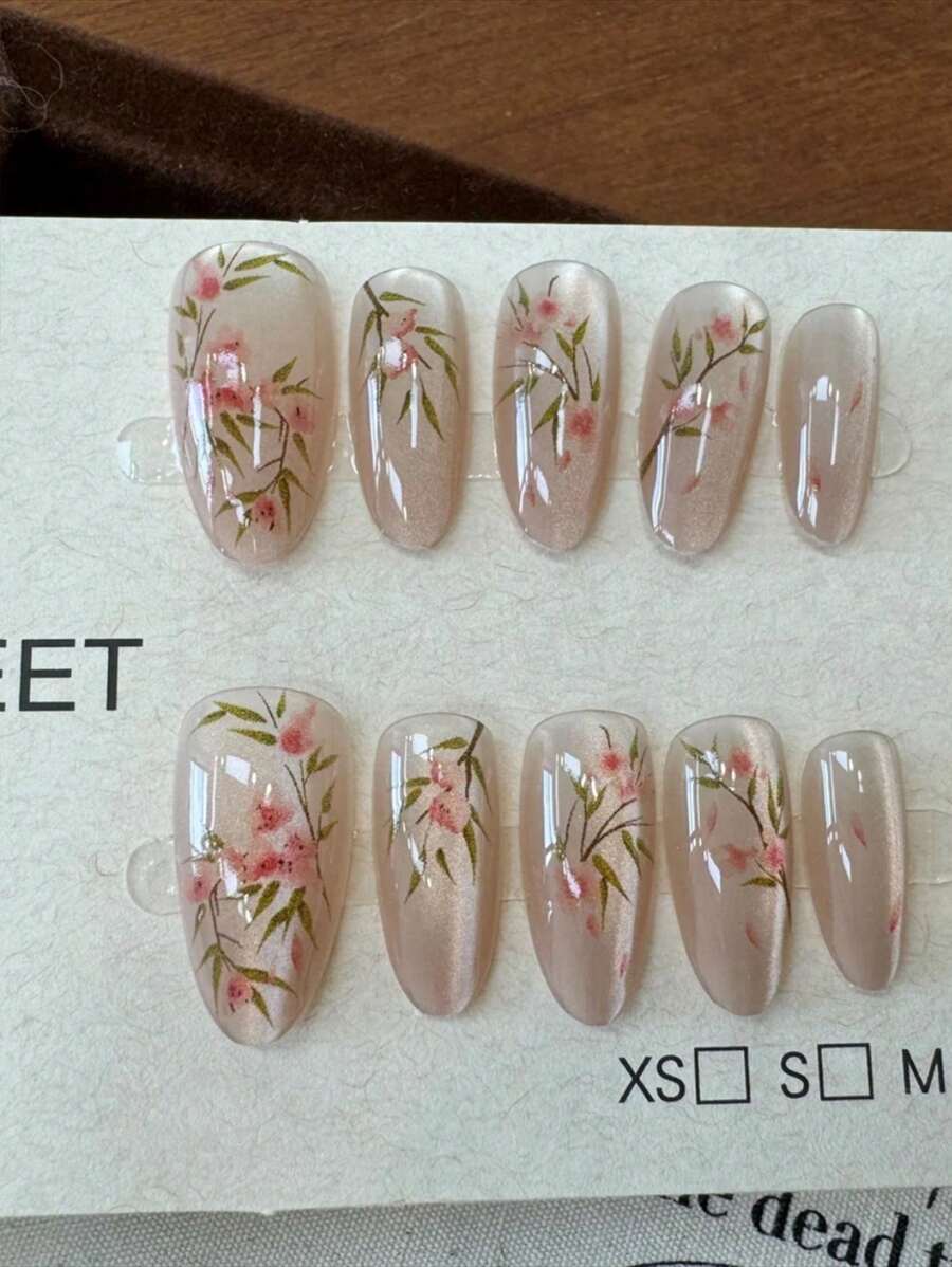 10 件手工粉色猫眼假指甲，花朵和叶子美甲设计，甜杏仁形状按压式指甲美甲用品 - 彩色 - 查看 1