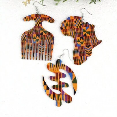 1 Pair Of Wooden Comb And  African Women Map Pattern Earrings Set, Vintage Party African Jewelry DIY Club Gift