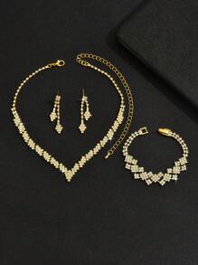 Bộ trang sức cô dâu 4 món, bao gồm vòng cổ, bông tai, vòng tay và phụ kiện tóc phong cách Hàn Quốc cho váy cưới - Vàng - Xem 4