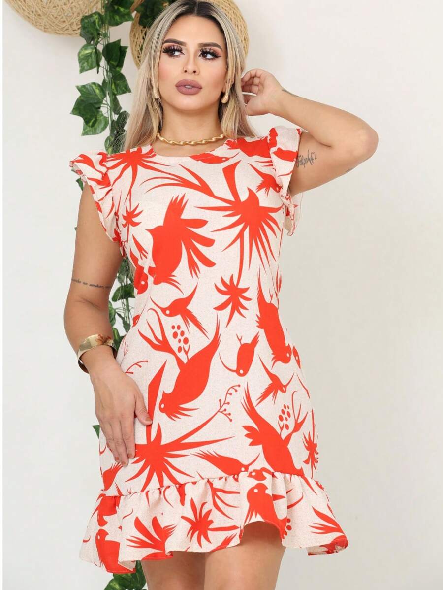 vestido midi feminino manga princesa bufante linhão estampa floral babado