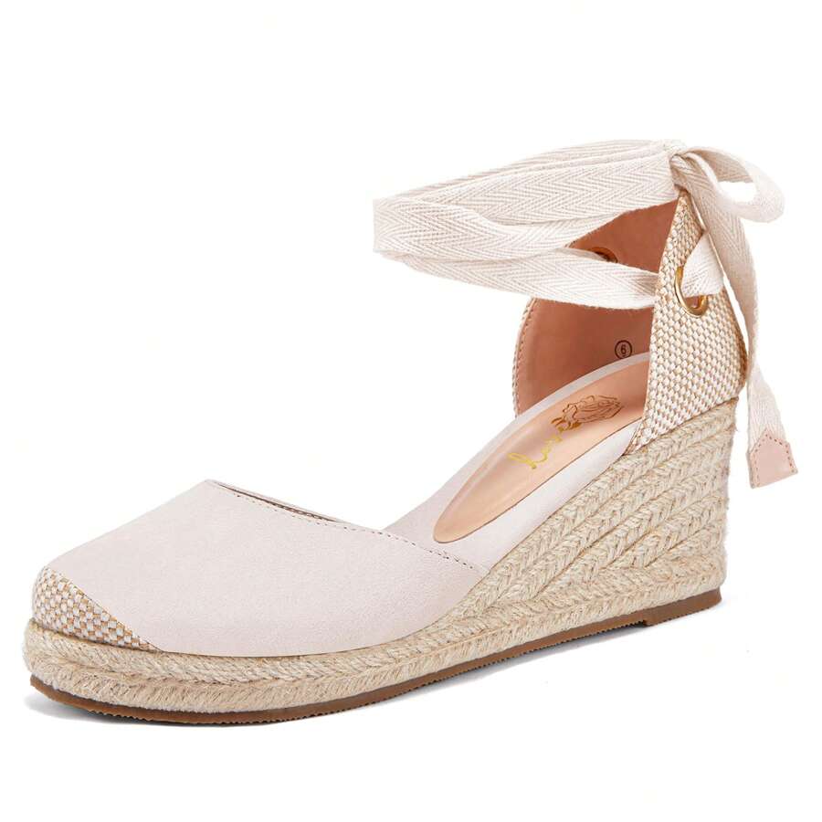 Womens Closed Toe Espadrille Sandals Platform Wedge Heels Lace Up Summer Shoes - Nude - View 1