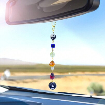 Evil Eye Car Hanging Ornament,Good Lucky Days Car Charm,8 Ball Mushroom Four-Leaf Clover Pendant For Car Rear View Mirror,Cute Boho Evil Eye Ladybug Yin Yang Symbol Car Decor Accessories